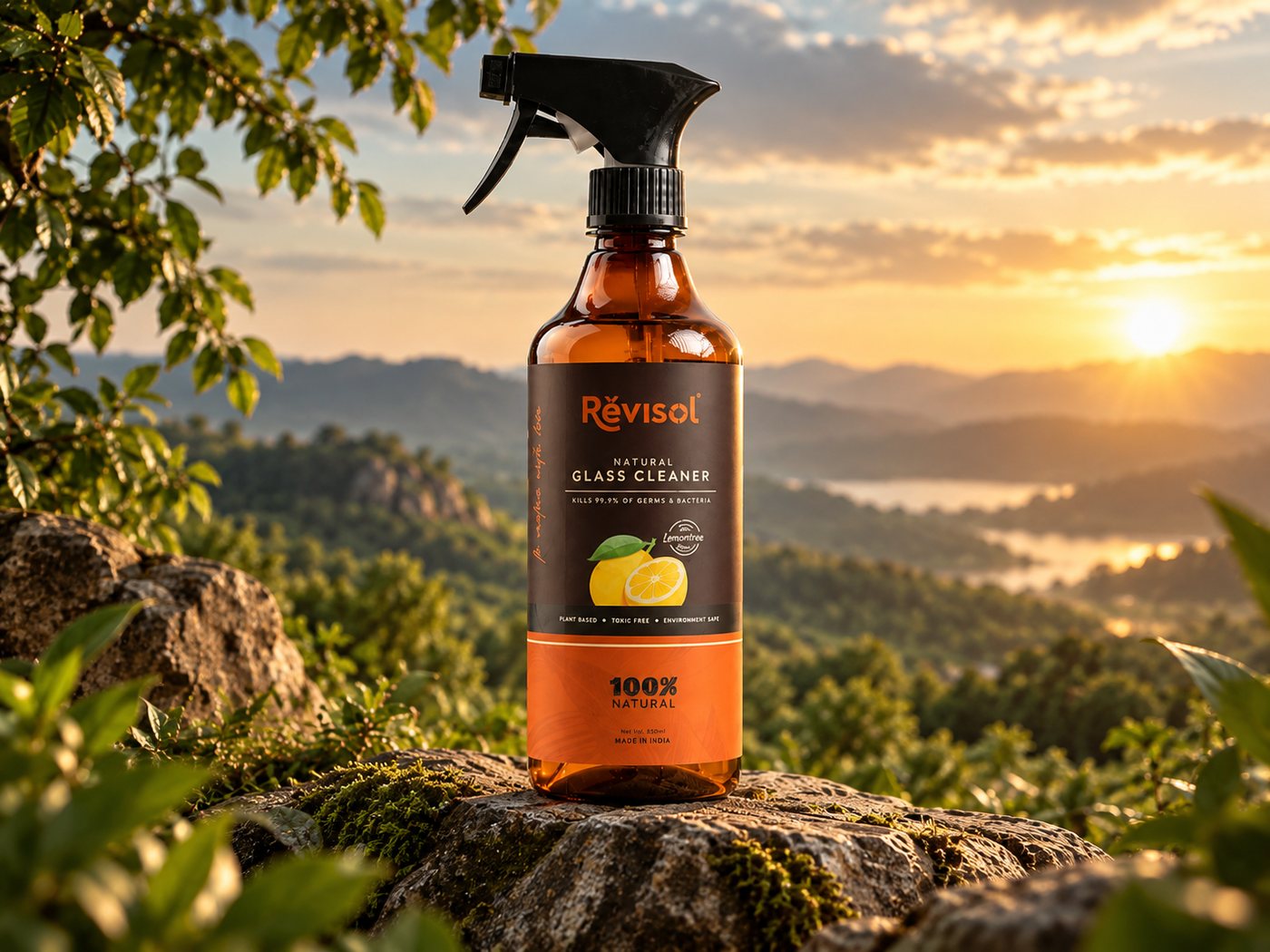 Revisol natural glass cleaner on a rock at sunset